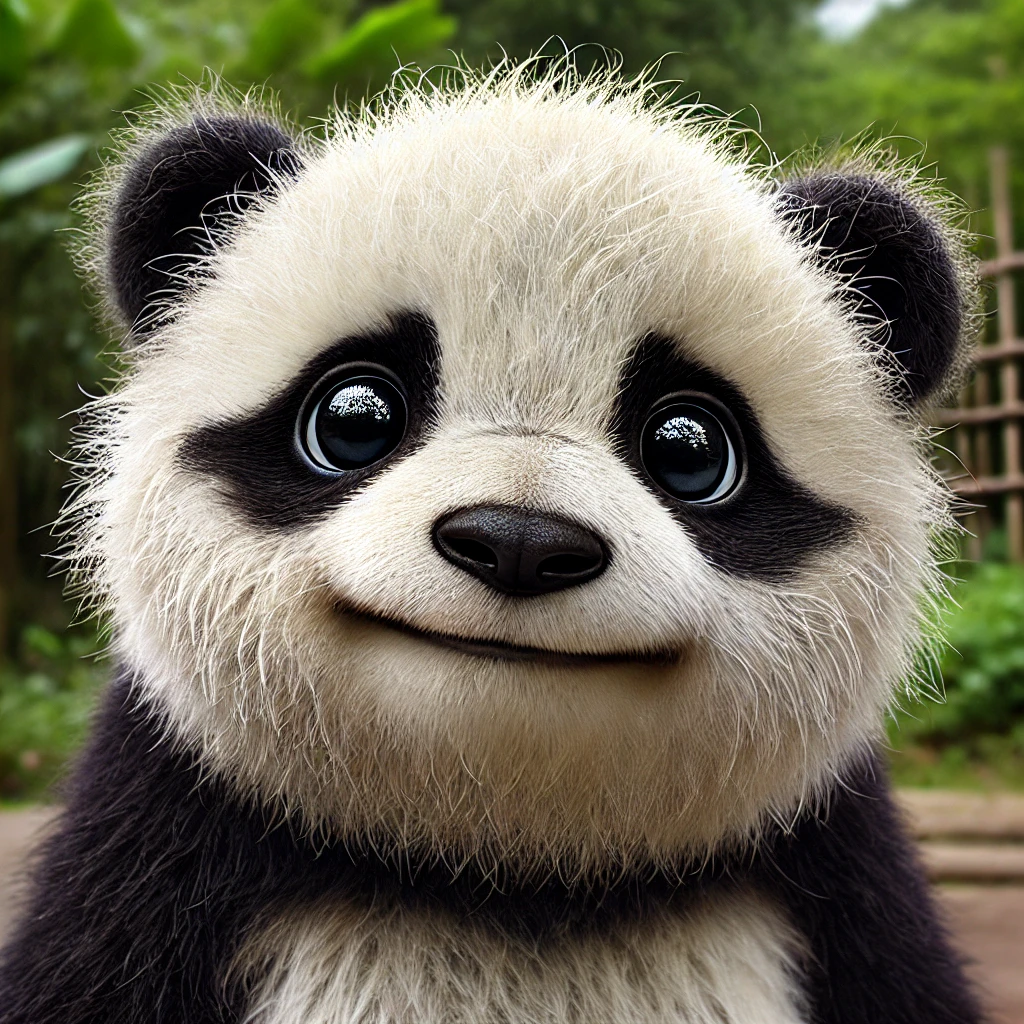 DALL·E 2024-07-25 05.54.40 - Close-up of an adorably ugly panda's face, emphasizing its awkward yet cute features. The panda has disproportionately large round eyes, an endearing